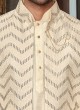 Cream Embroidered Nehru Jacket Set For Men