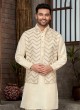 Cream Embroidered Nehru Jacket Set For Men