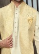 Thread Embroidered Light Yellow And Cream Nehru Jacket Set