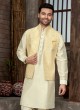 Thread Embroidered Light Yellow And Cream Nehru Jacket Set