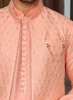 Dark Peach Embroidered Nehru Jacket Set For Men