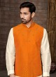 Orange And Cream Readymade Nehru Jacket Set For Men