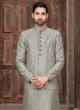 Designer Grey Thread Embroidered Nehru Jacket Set