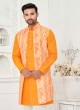 Orange Jacket Style Indowestern Set In Art Silk