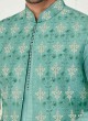 Turquoise Men's Indowestern Set In Art Silk