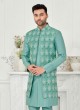 Turquoise Men's Indowestern Set In Art Silk