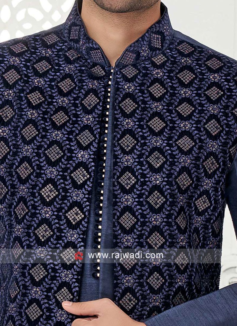 Jacket Style Embroidered Indowestern In Blue Color