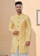 Yellow And Off White Dhoti Style Indowestern For Men