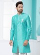 Turquoise Printed Indowestern Set For Men