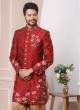 Red And Golden Art Banarasi Silk Sherwani For Men