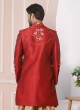 Red And Golden Art Banarasi Silk Sherwani For Men