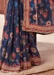 Gorgeous Navy Blue Organza Saree With Floral Prints