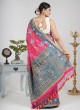 Pink and Peacock Blue Embroidered Silk Saree