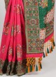 Carrot Pink and Green Embroidered Silk Saree