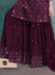 Wine Embroidered Palazzo Suit In Chiffon