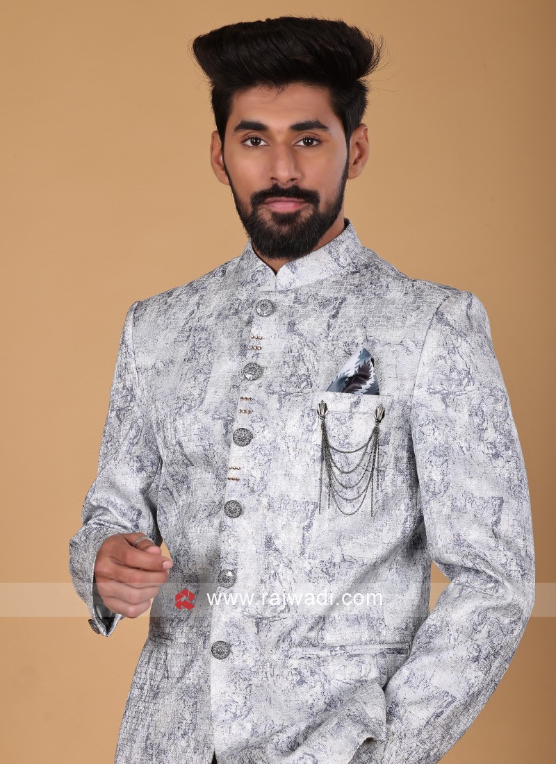 Blue Color Printed Jodhpuri Suit.