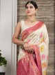 Cream And Pink Banarasi Silk Saree