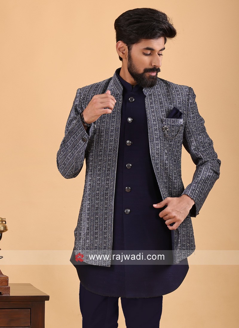 Embroidred Navy Blue Jacket Style Indowestern Set