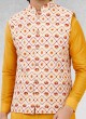 Cream And Yellow Festive Wear Nehru Jacket Set