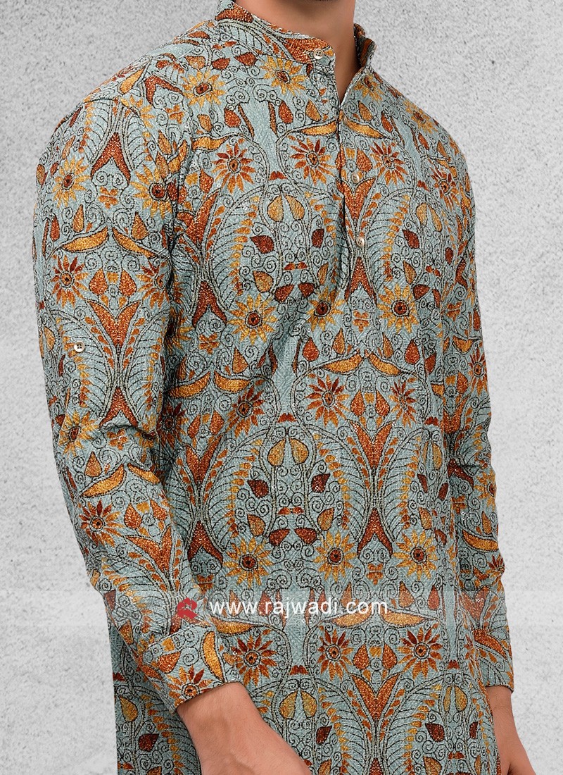 Cotton Silk Printed Kurta In Grey Color