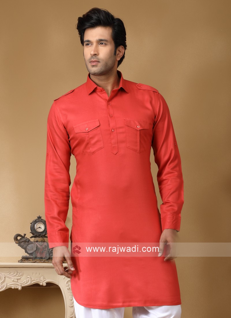 Readymade Coral Color Cotton Silk Pathani Suit