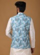 Fancy Print Art Silk Nehru Jacket In Firozi Color