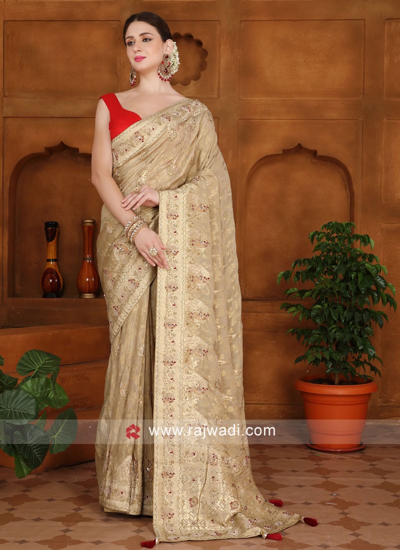 Latest) Cream And Gold Silk Saree For Wedding Look 2022