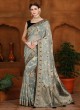 Grey and Peacock Blue Designer Banarasi Silk Saree