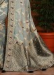Grey and Peacock Blue Designer Banarasi Silk Saree