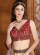 Golden Cream & Maroon Silk Lehenga Set With Floral Prints