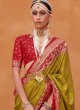 Designer Mehendi Green & Red Woven Patola Silk Saree