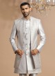 Thread Embroidered Jacket Style White Indowestern Set