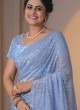 Sensational Sky Blue Sequins Embroidered Lycra Net Classic Saree