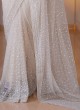 Party Wear Cream Embroidered Net Saree