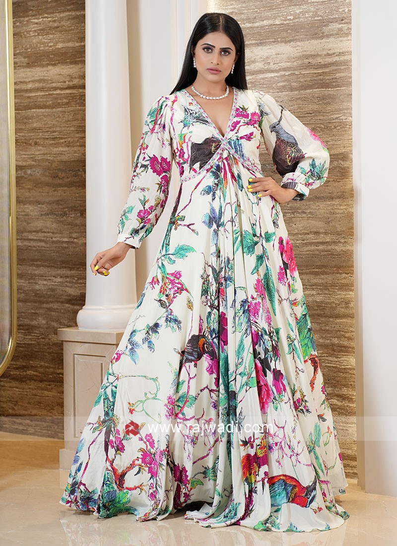 Party Wear Floral Printed Cream Designer Gown