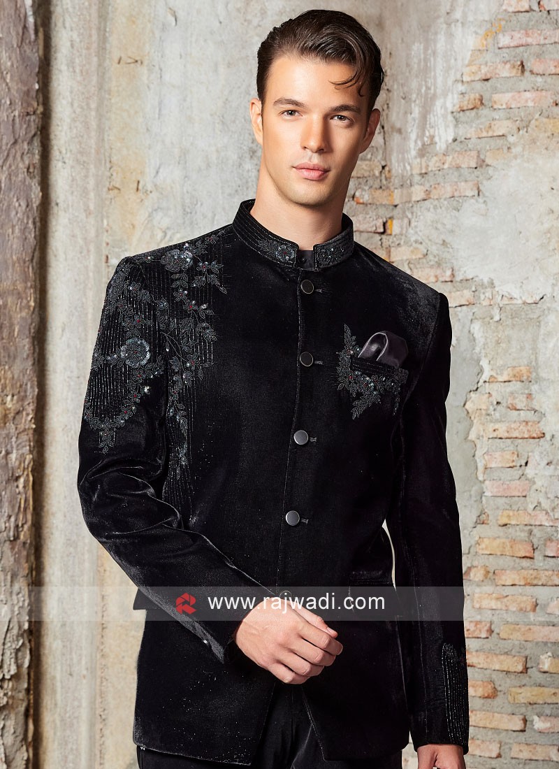 Black Embroidered Jodhpuri Suit In Velvet