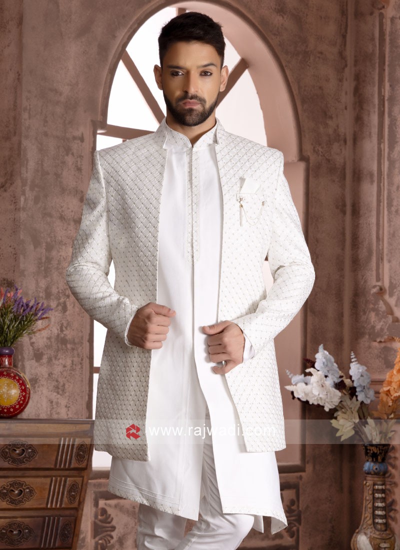 White Embroidered Jacket Style Indowestern Set