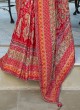 Shaded Coral Colored Floral Printed Chiffon Saree