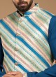 Designer Mens Wear Nehru Jacket In Teal Blue Color