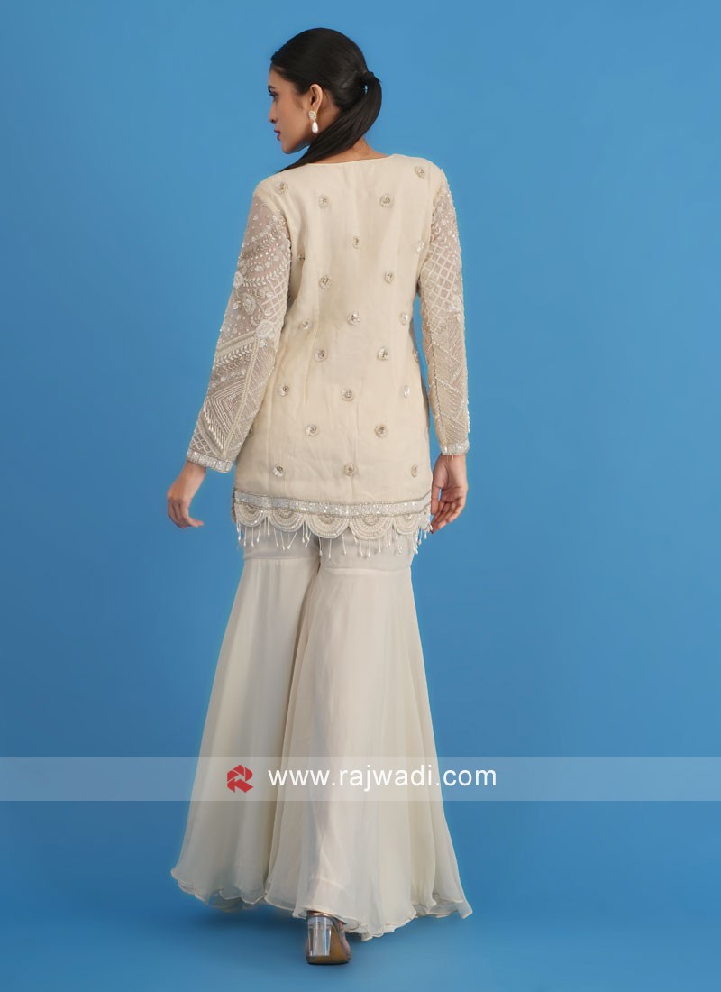 Cream Chiffon Heavy Embroidered Sharara Set