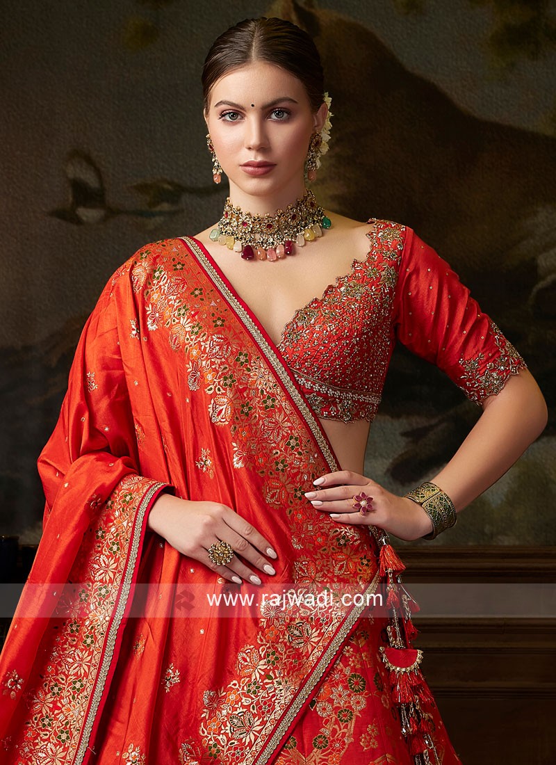 Rust Embroidered Wedding Wear Lehenga Choli