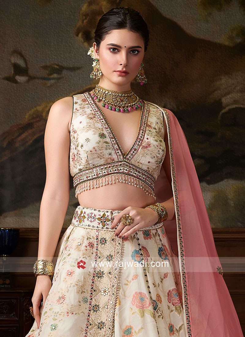 Cream Designer Silk Lehenga Choli