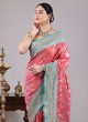 Peach And Aqua Blue Banarasi Silk Saree