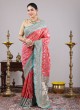 Peach And Aqua Blue Banarasi Silk Saree