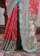 Peach And Aqua Blue Banarasi Silk Saree