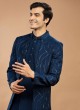 Teal Blue Jacket Style Indowestern Set For Groom