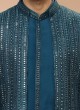 Thread Embroidered Jacket Style Teal Blue Indowestern Set