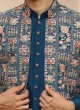 Elegant Teal Blue Thread Embroidered Indowestern For Men