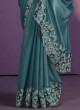 Sea Green Ready To Wear Saree With Floral And Leaf Border