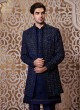 Stylish Navy Blue Jacket Style Indowestern Set For Men
